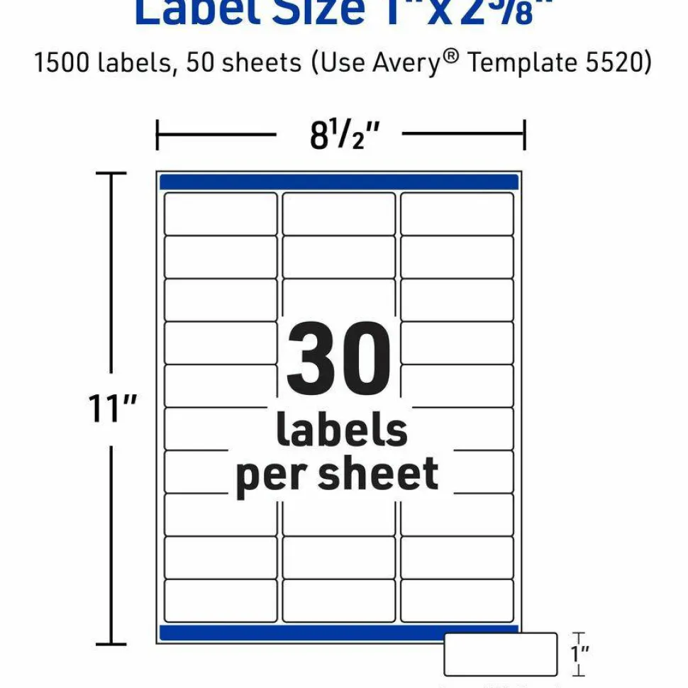 Avery Waterproof Address Labels With Ultrahold, 5520, Rectangle, 1" x 2-5/8", White, 1,500 Labels For Laser Printers