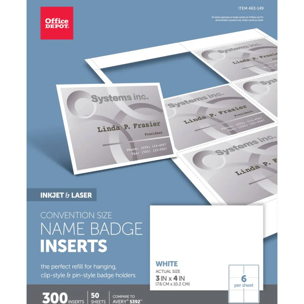 Badge Inserts, Convention Size, 3" x 4", White, Pack Of 300