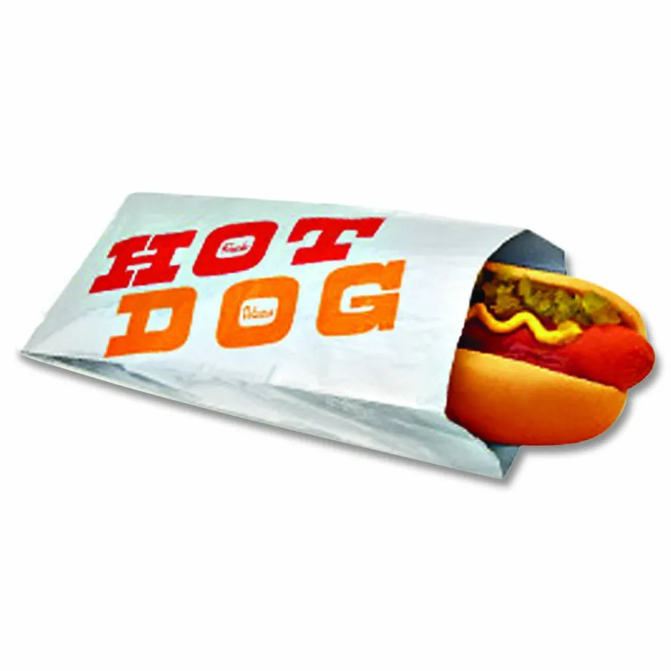 Bagcraft Foil Single-Serve Bags, Hot Dog Labeling, 3.5" x 1.5" x 8.5", Silver/Red/Orange, 1,000/Carton