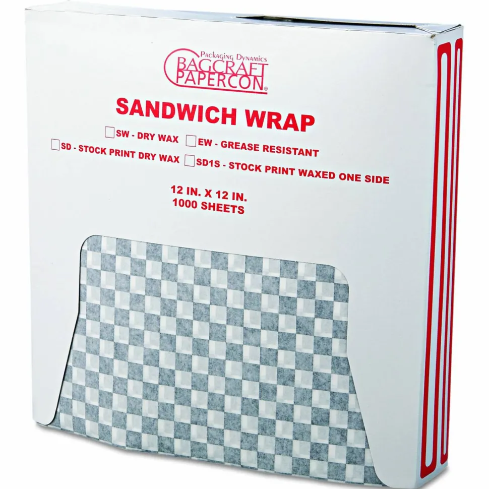Bagcraft Grease-Resistant Paper Wraps and Liners, 12" x 12", Black Check, 1000/Box, 5 Boxes/Carton