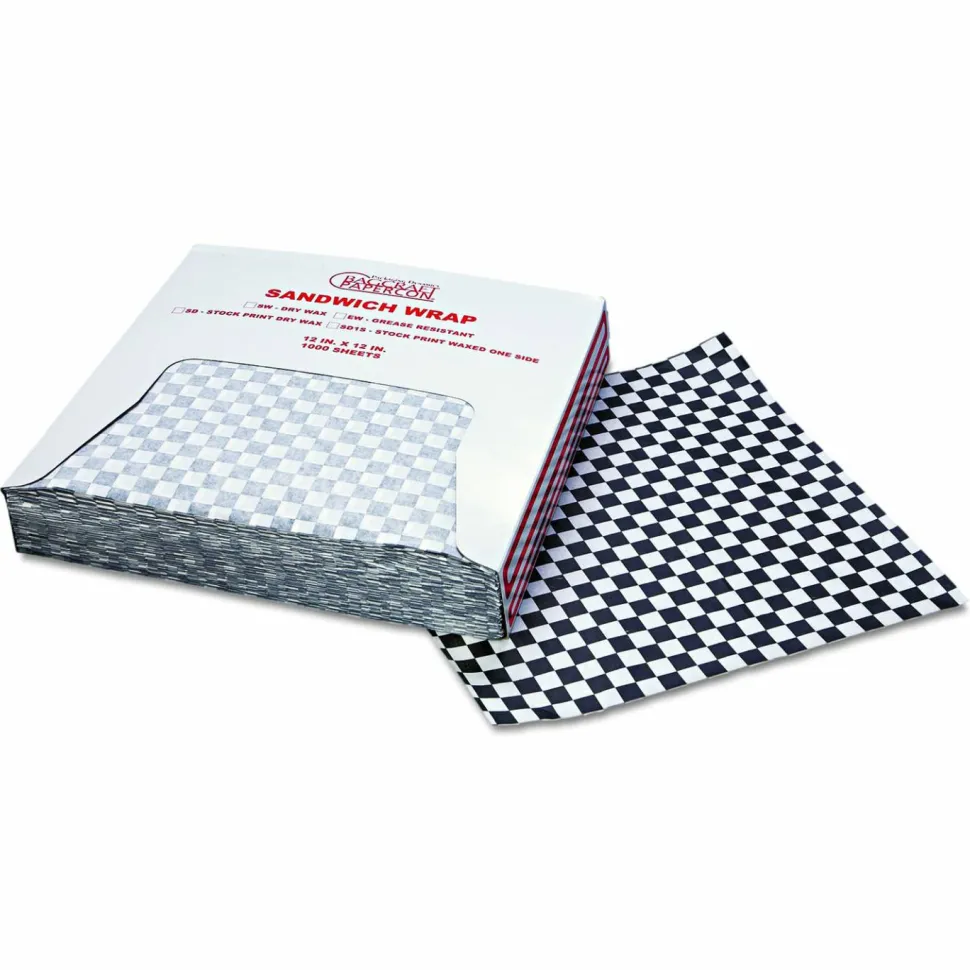 Bagcraft Grease-Resistant Paper Wraps and Liners, 12" x 12", Black Check, 1000/Box, 5 Boxes/Carton