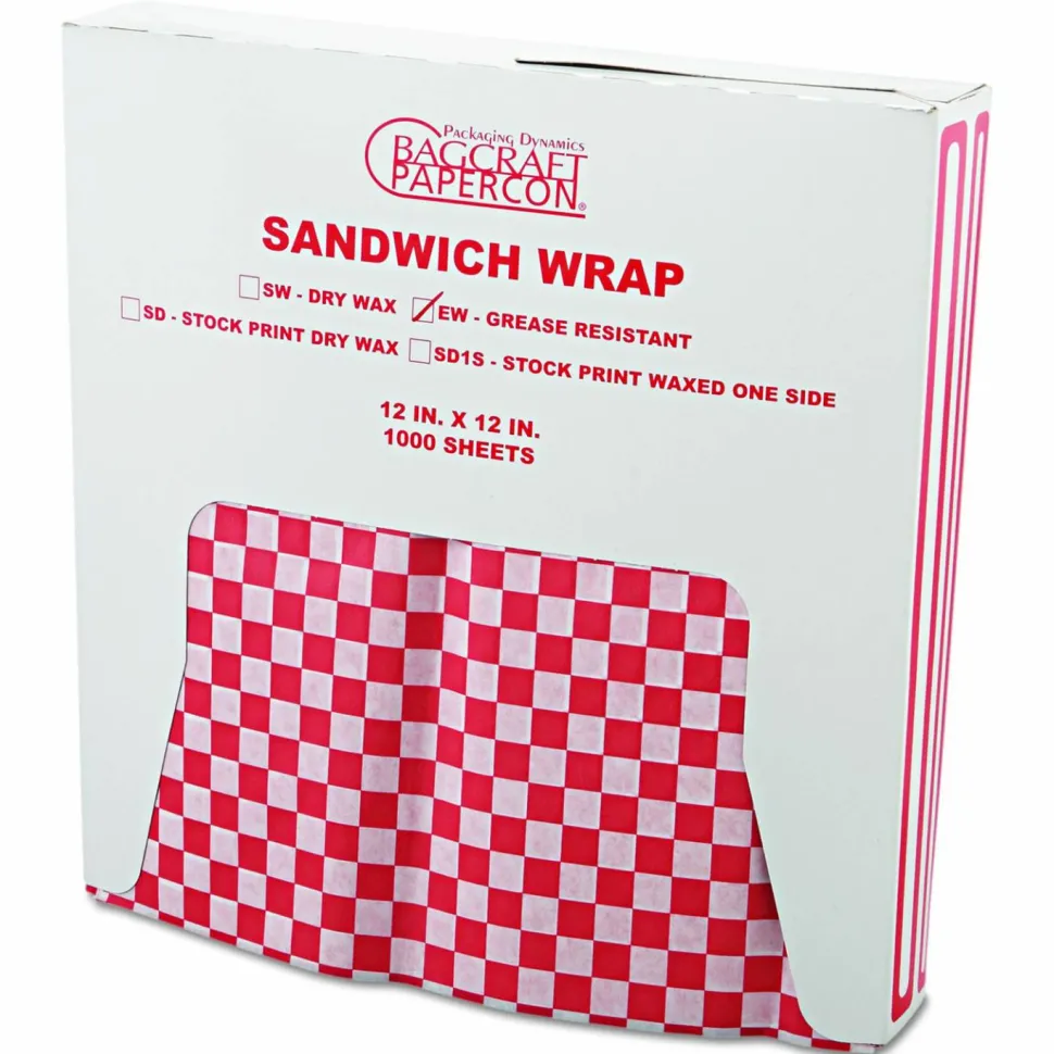 Bagcraft Grease-Resistant Paper Wraps and Liners, 12 x 12, Red Check, 1,000/Box, 5 Boxes/Carton