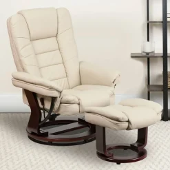 Bali Contemporary Multi-Position Recliner with Horizontal Stitching and Ottoman with Swivel Mahogany Wood Base in Beige LeatherSoft