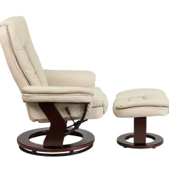 Bali Contemporary Multi-Position Recliner with Horizontal Stitching and Ottoman with Swivel Mahogany Wood Base in Beige LeatherSoft