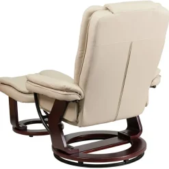 Bali Contemporary Multi-Position Recliner with Horizontal Stitching and Ottoman with Swivel Mahogany Wood Base in Beige LeatherSoft