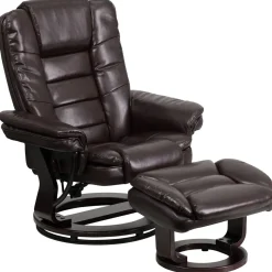 Bali Contemporary Multi-Position Recliner with Horizontal Stitching and Ottoman with Swivel Mahogany Wood Base in Brown LeatherSoft