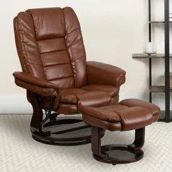 Bali Contemporary Multi-Position Recliner with Horizontal Stitching and Ottoman with Swivel Mahogany Wood Base in Brown Vintage Leather