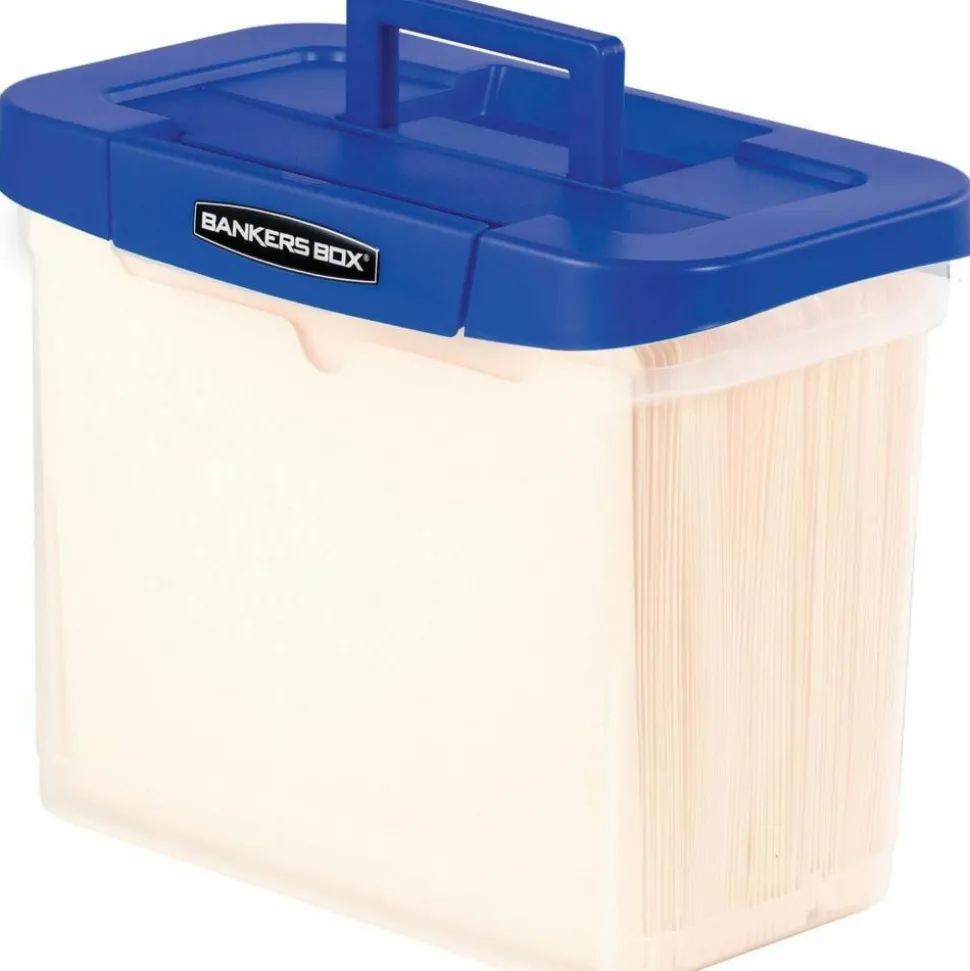 Bankers Box Heavy-Duty Portable Storage File Box, 10 3/4" x 6 3/4" x 11 3/4", Blue/Clear