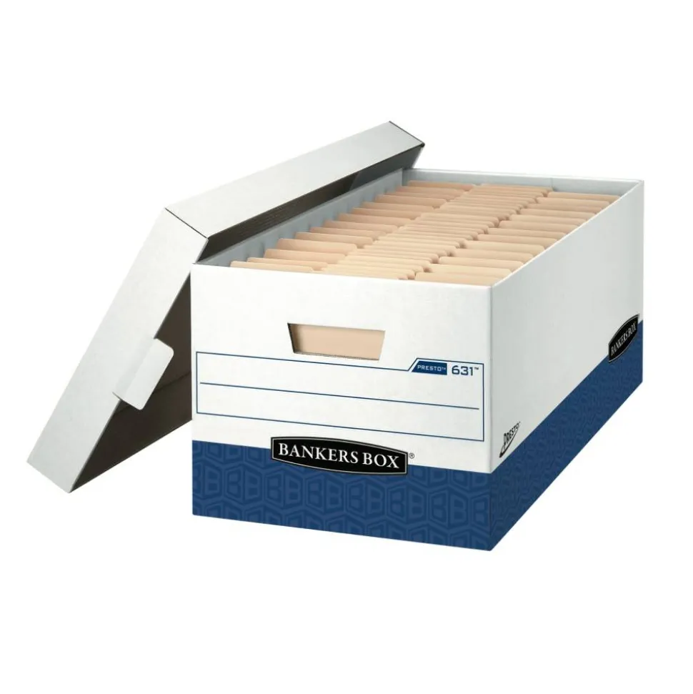 Bankers Box Presto Heavy-Duty Storage Boxes, Letter Size, 24" x 12" x 10", White/Blue, Case Of 12 - 0063610