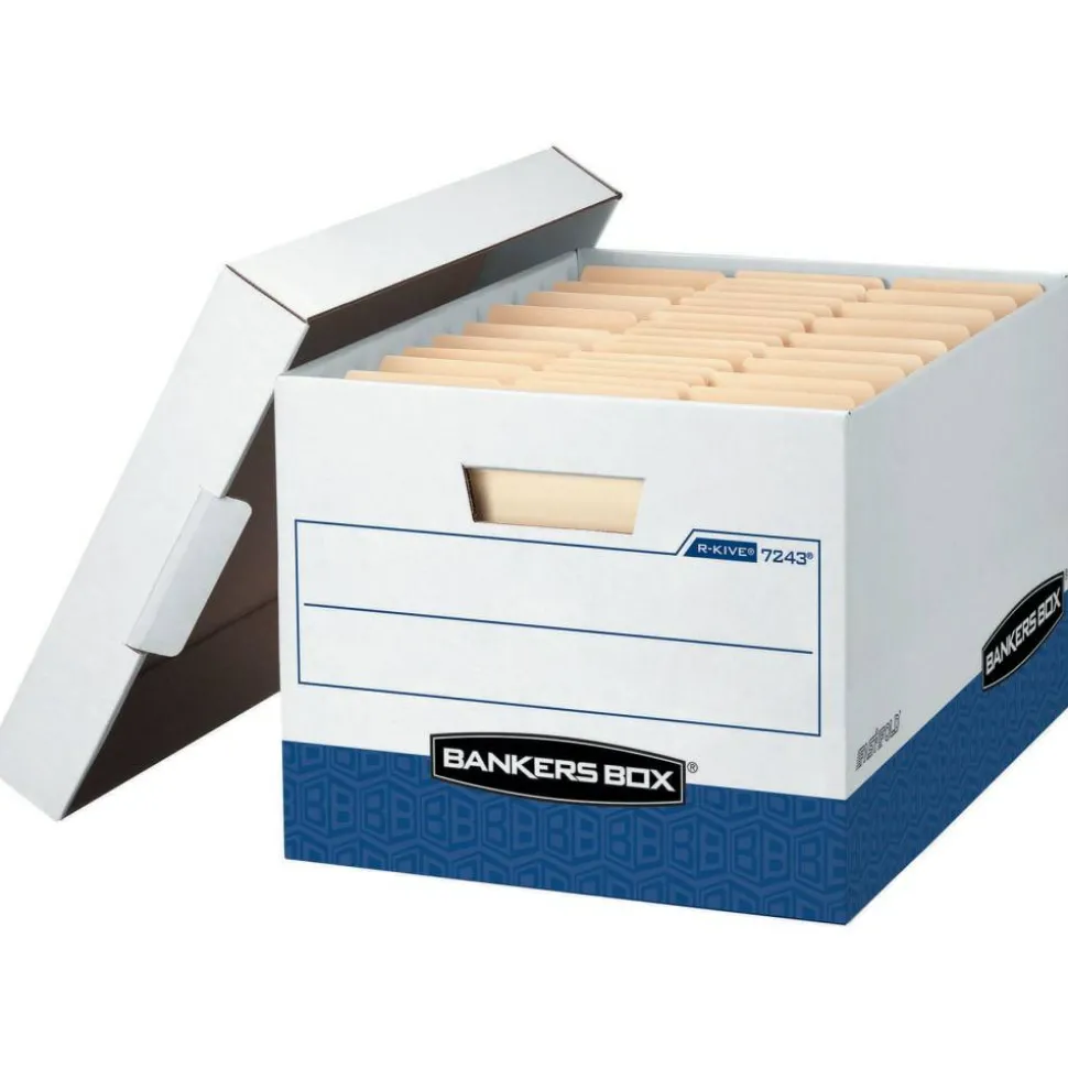 Bankers Box R Kive Heavy-Duty Storage Boxes With Locking Lift-Off Lids And Built-In Handles, Letter/Legal Size, 10" x 12" x 15" Liters, 50% Recycled, White/Blue, 20Pk