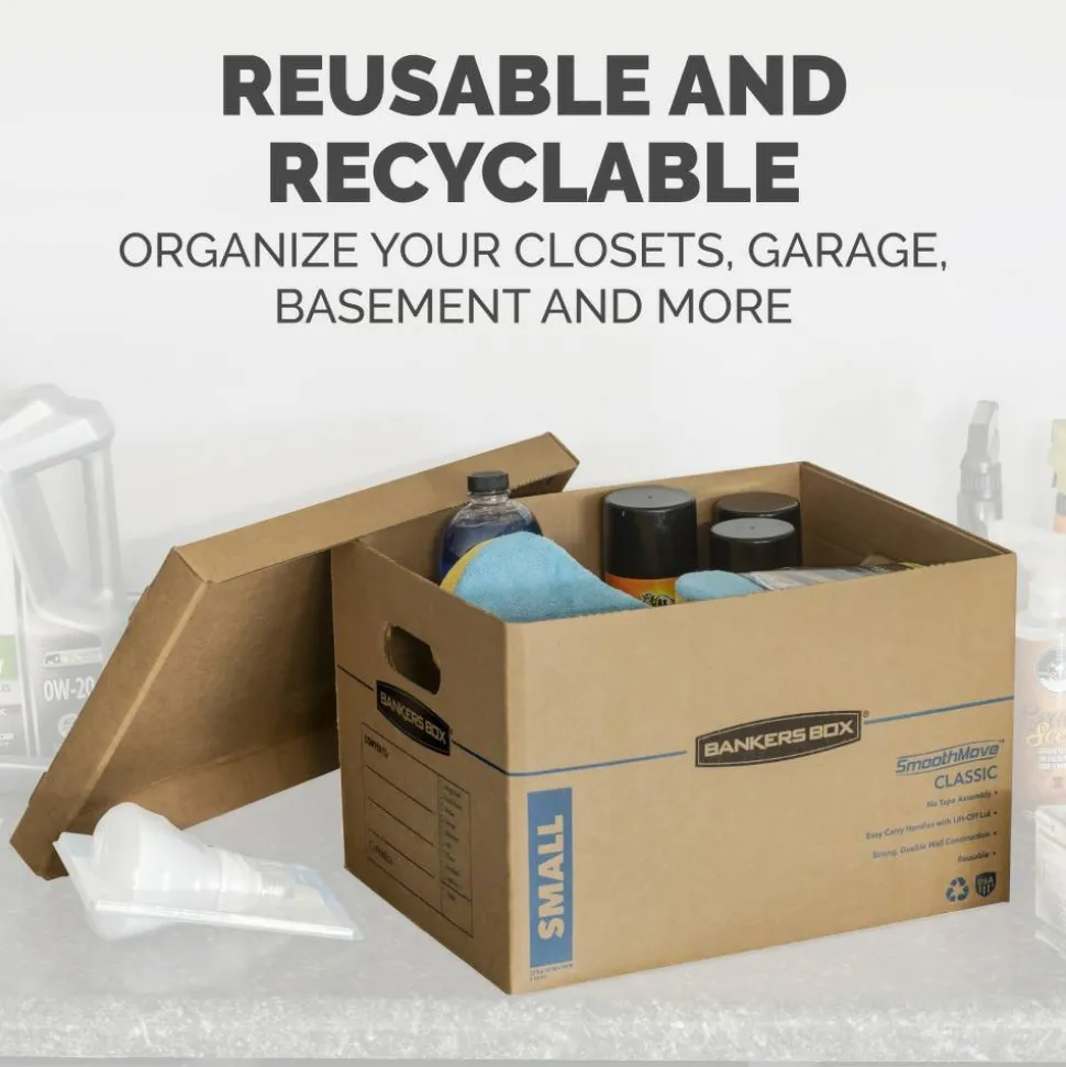 Bankers Box SmoothMove Classic Moving & Storage Boxes, Small, 10" x 12" x 15", Kraft/Blue, Carton Of 10