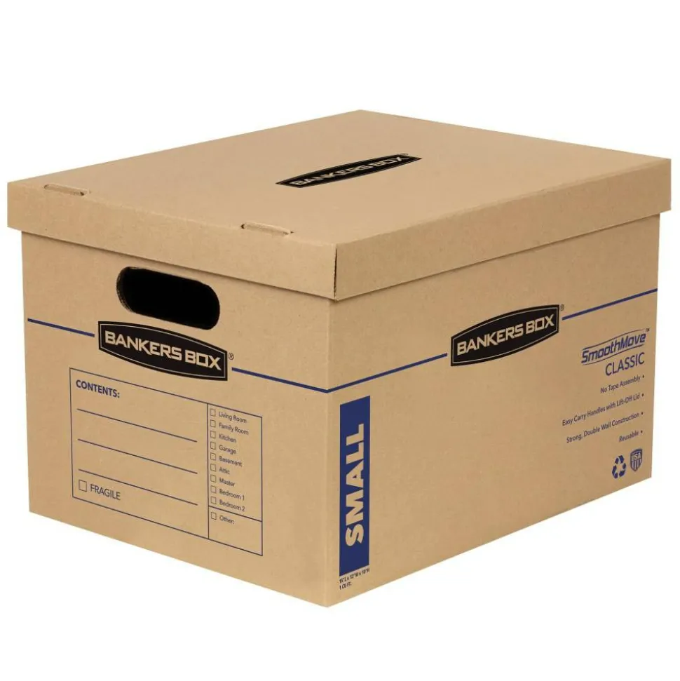 Bankers Box SmoothMove Classic Moving & Storage Boxes, Small, 10" x 12" x 15", Kraft/Blue, Carton Of 10