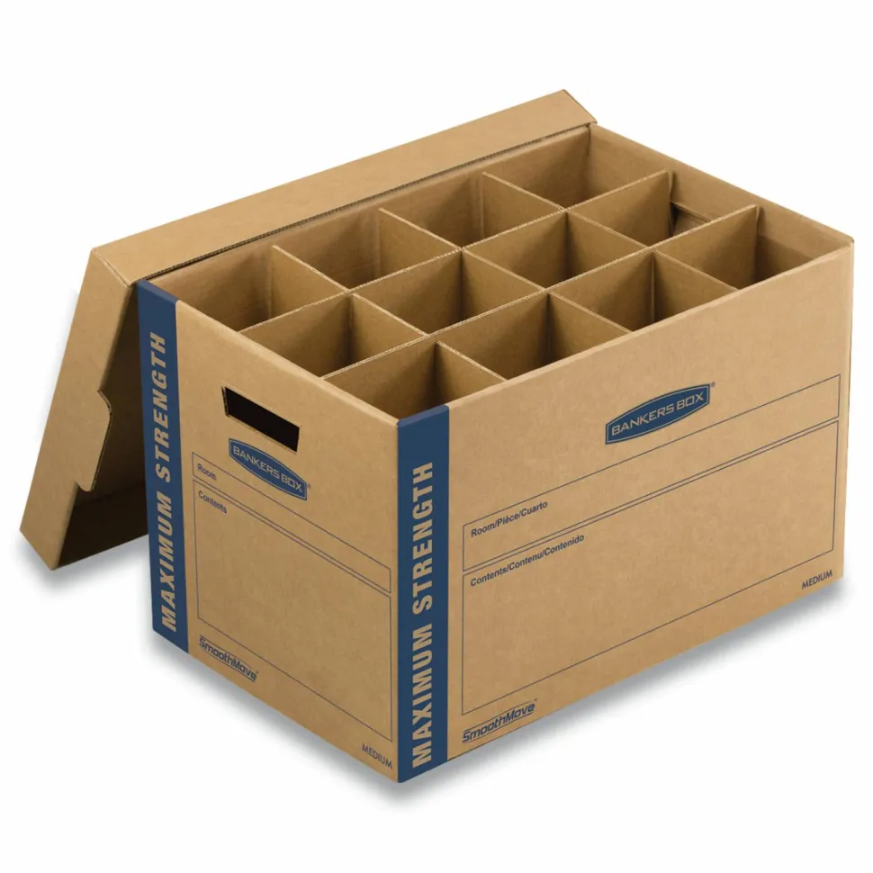 Bankers Box SmoothMove Kitchen Moving Kit with Dividers + Foam, Half Slotted Container (HSC), Medium, 12.25" x 18.5" x 12", Brown/Blue