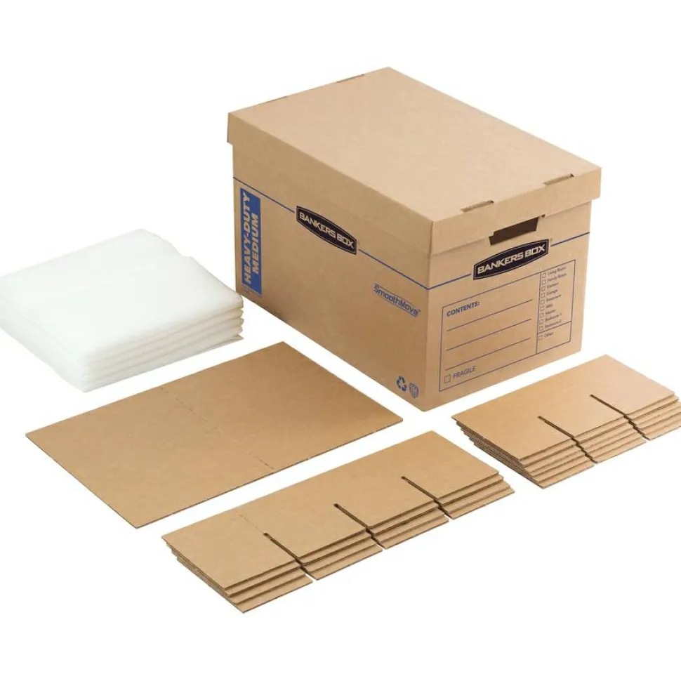Bankers Box SmoothMove Kitchen Moving Kit with Dividers + Foam, Half Slotted Container (HSC), Medium, 12.25" x 18.5" x 12", Brown/Blue