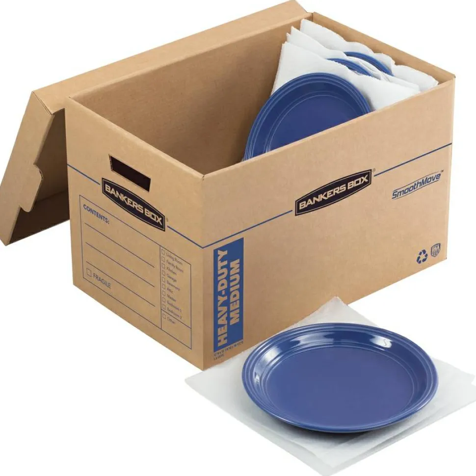 Bankers Box SmoothMove Kitchen Moving Kit with Dividers + Foam, Half Slotted Container (HSC), Medium, 12.25" x 18.5" x 12", Brown/Blue