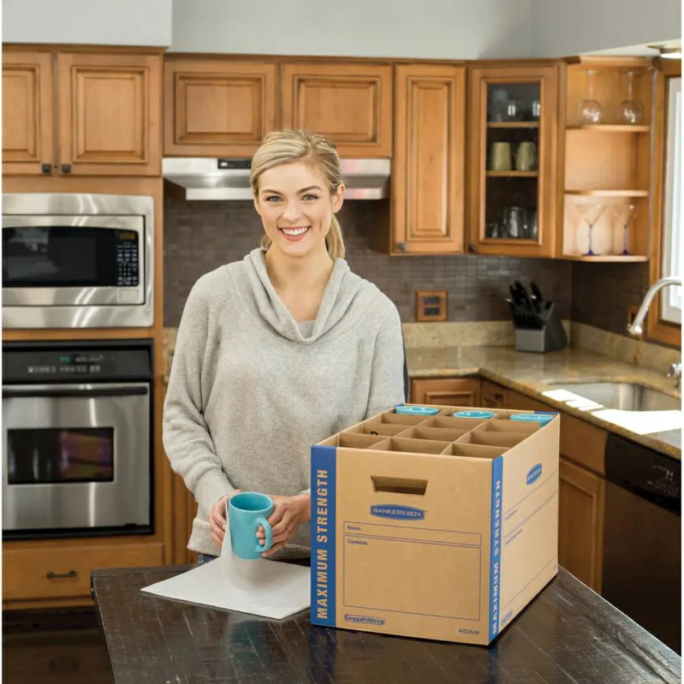 Bankers Box SmoothMove Kitchen Moving Kit with Dividers + Foam, Half Slotted Container (HSC), Medium, 12.25" x 18.5" x 12", Brown/Blue