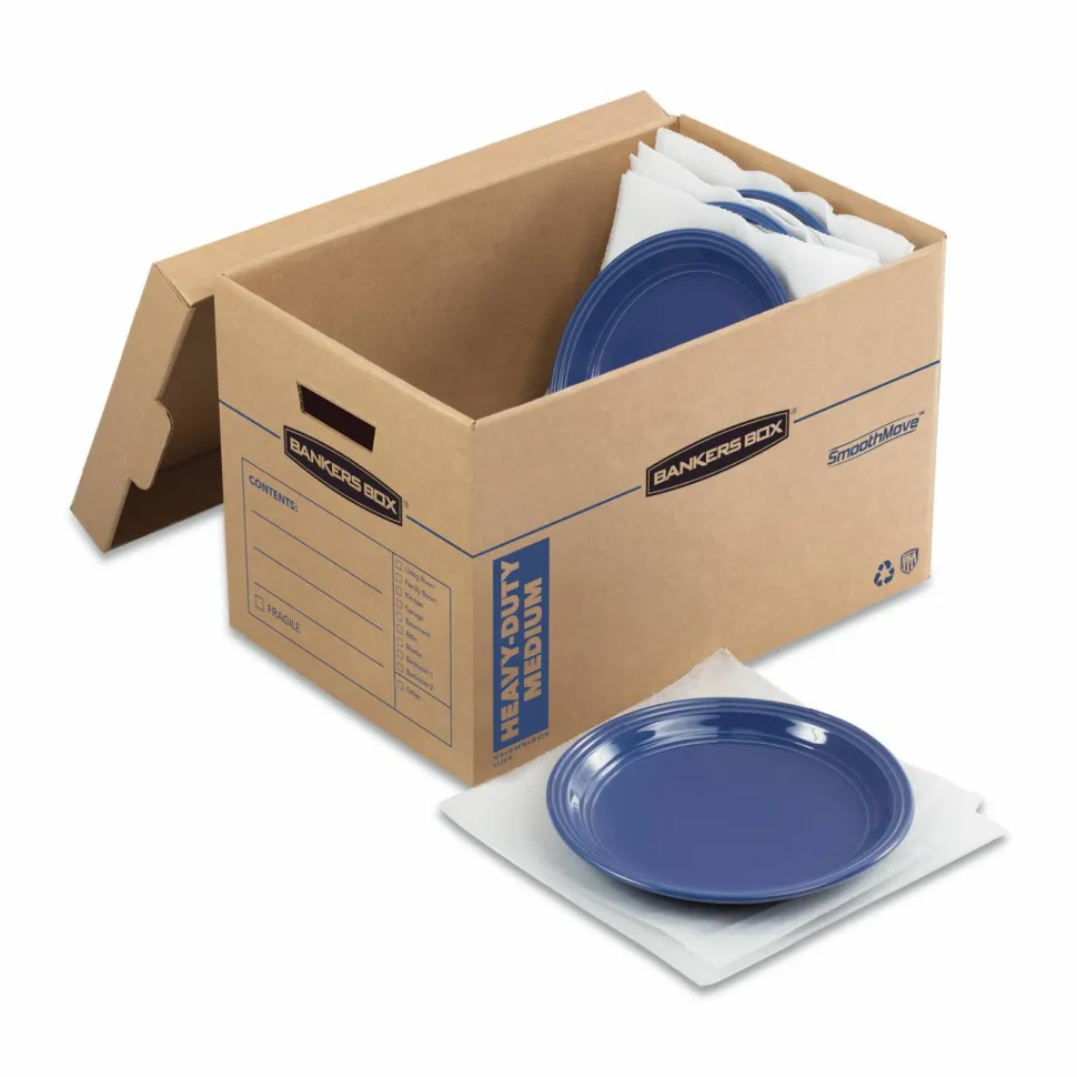 Bankers Box SmoothMove Kitchen Moving Kit with Dividers + Foam, Half Slotted Container (HSC), Medium, 12.25" x 18.5" x 12", Brown/Blue