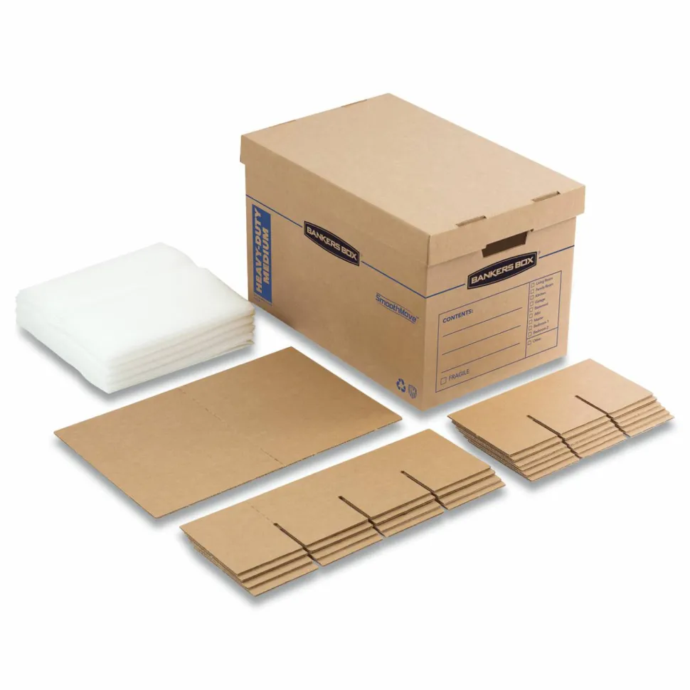 Bankers Box SmoothMove Kitchen Moving Kit with Dividers + Foam, Half Slotted Container (HSC), Medium, 12.25" x 18.5" x 12", Brown/Blue