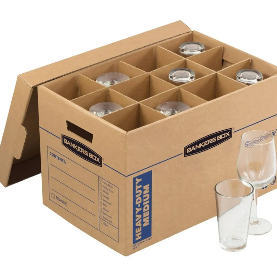 Bankers Box SmoothMove Kitchen Moving Kit with Dividers + Foam, Half Slotted Container (HSC), Medium, 12.25" x 18.5" x 12", Brown/Blue