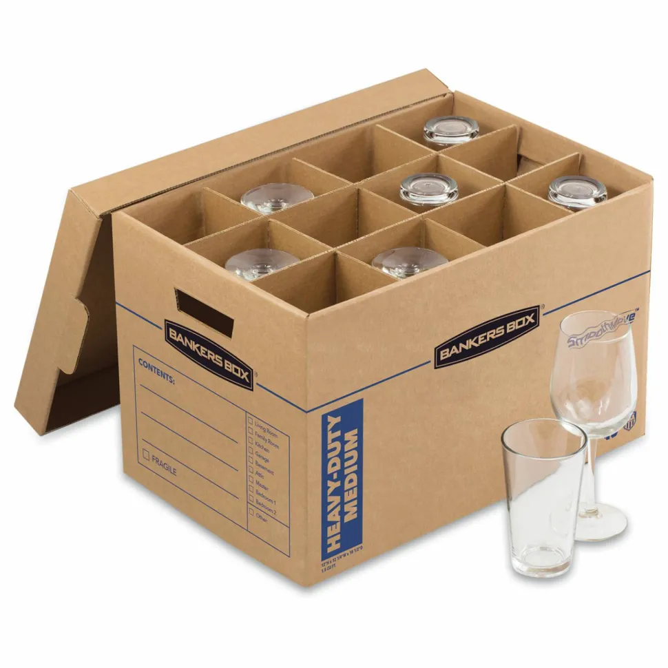 Bankers Box SmoothMove Kitchen Moving Kit with Dividers + Foam, Half Slotted Container (HSC), Medium, 12.25" x 18.5" x 12", Brown/Blue