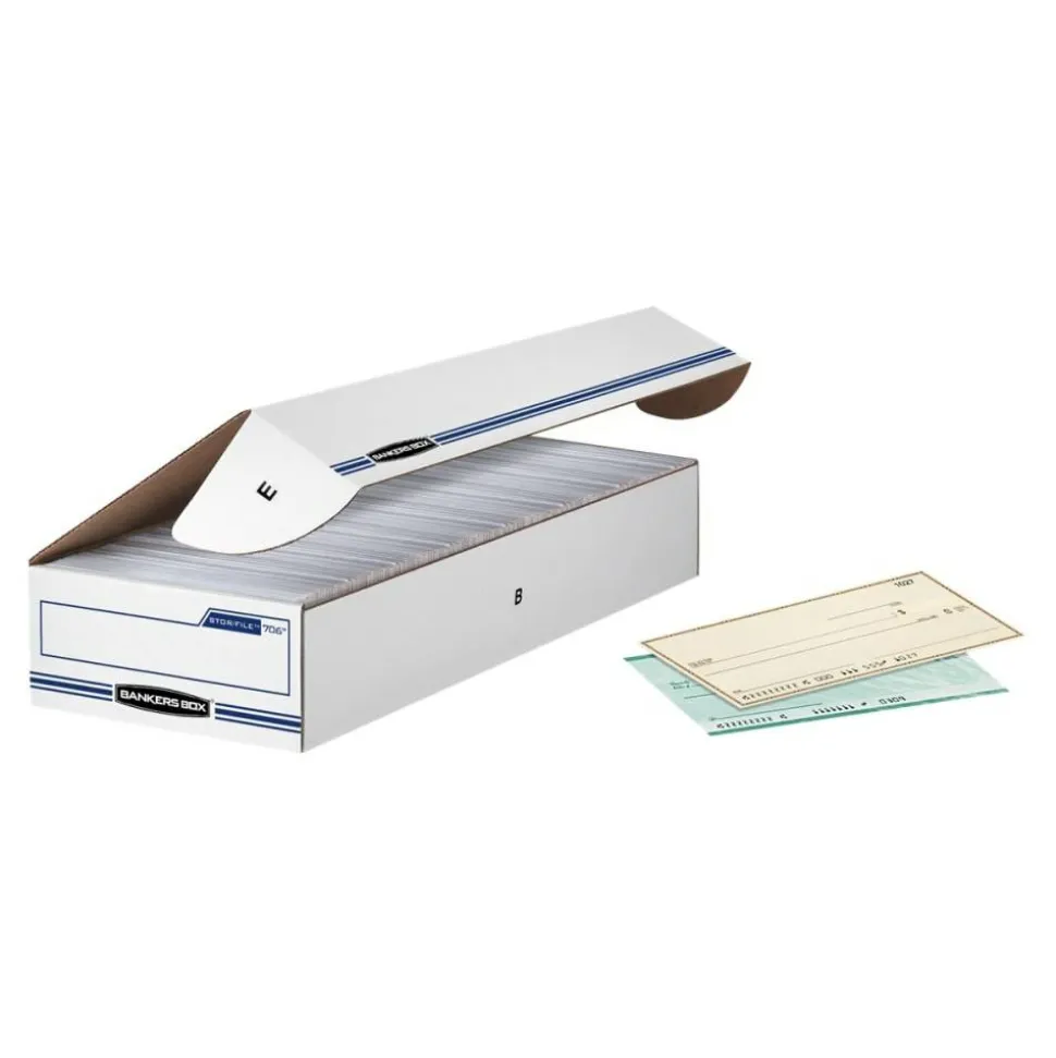 Bankers Box Stor/File Check/Deposit Slip Storage Box With Flip-Top Closure, 24" x 9" x 4", 60% Recycled, White/Blue