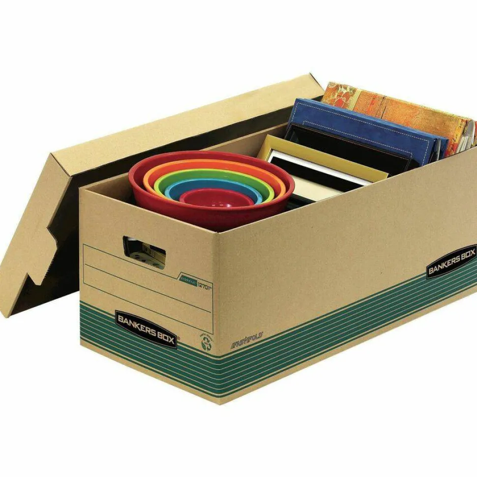 Bankers Box Stor/File FastFold Standard-Duty Storage Boxes With Lift-Off Lids, Letter Size, 24" x 12" x 10", 94% Recycled, Kraft/Green, Case Of 12