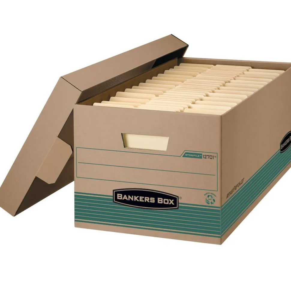 Bankers Box Stor/File FastFold Standard-Duty Storage Boxes With Lift-Off Lids, Letter Size, 24" x 12" x 10", 94% Recycled, Kraft/Green, Case Of 12