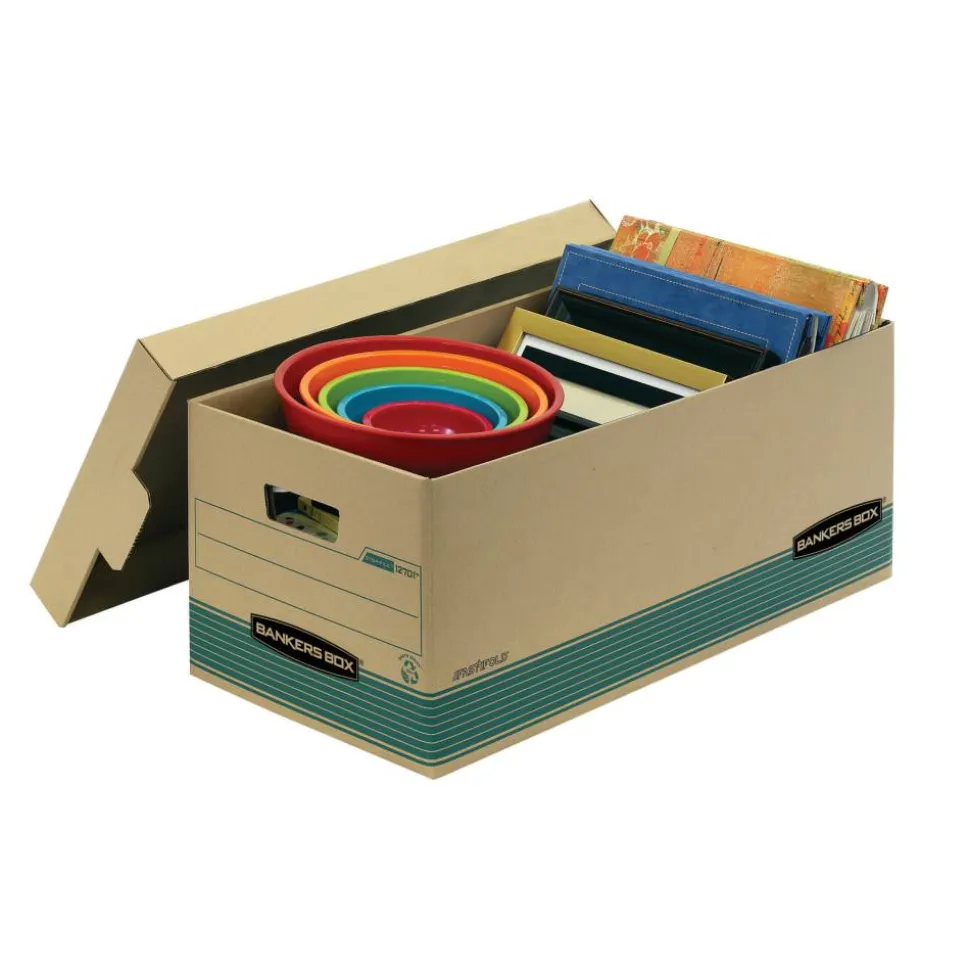 Bankers Box Stor/File FastFold Standard-Duty Storage Boxes With Lift-Off Lids, Letter Size, 24" x 12" x 10", 94% Recycled, Kraft/Green, Case Of 12