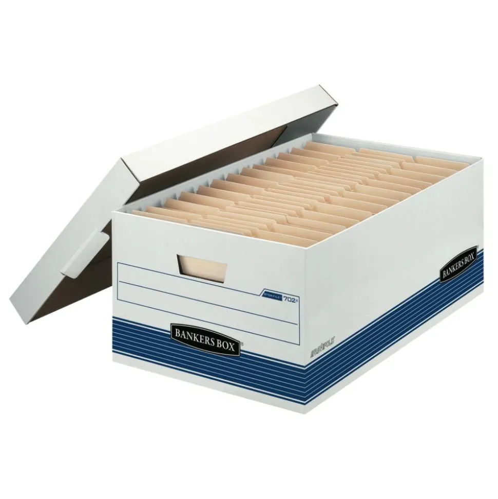 Bankers Box Stor/File FastFold Medium-Duty Storage Boxes, Legal Size, 24“D x 15" x 10", White/Blue, Case Of 4 - 70240FF