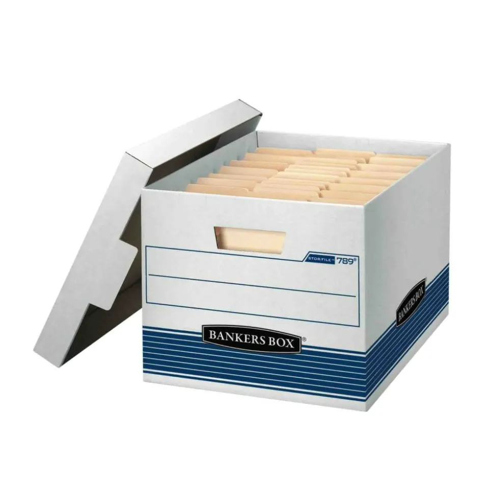 Bankers Box Stor/File Medium-Duty Storage Boxes, Letter/Legal Size, 15" x 12" x 10", White/Blue, Case Of 12 - 00789
