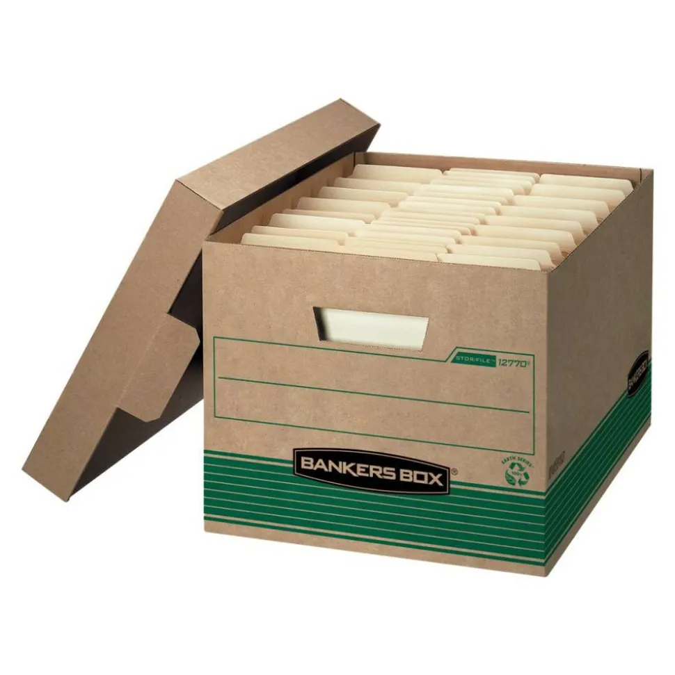 Bankers Box Stor/File Medium-Duty Storage Boxes, Letter/Legal Size, 15" x 12" x 10", Kraft/Green, Case Of 12 - 12770