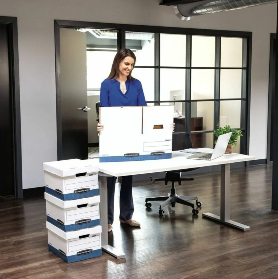 Bankers Box Stor/File Medium-Duty Storage Boxes, Letter/Legal Size, 15“ x 12" x 10", White/Blue, Case Of 4 - 78907