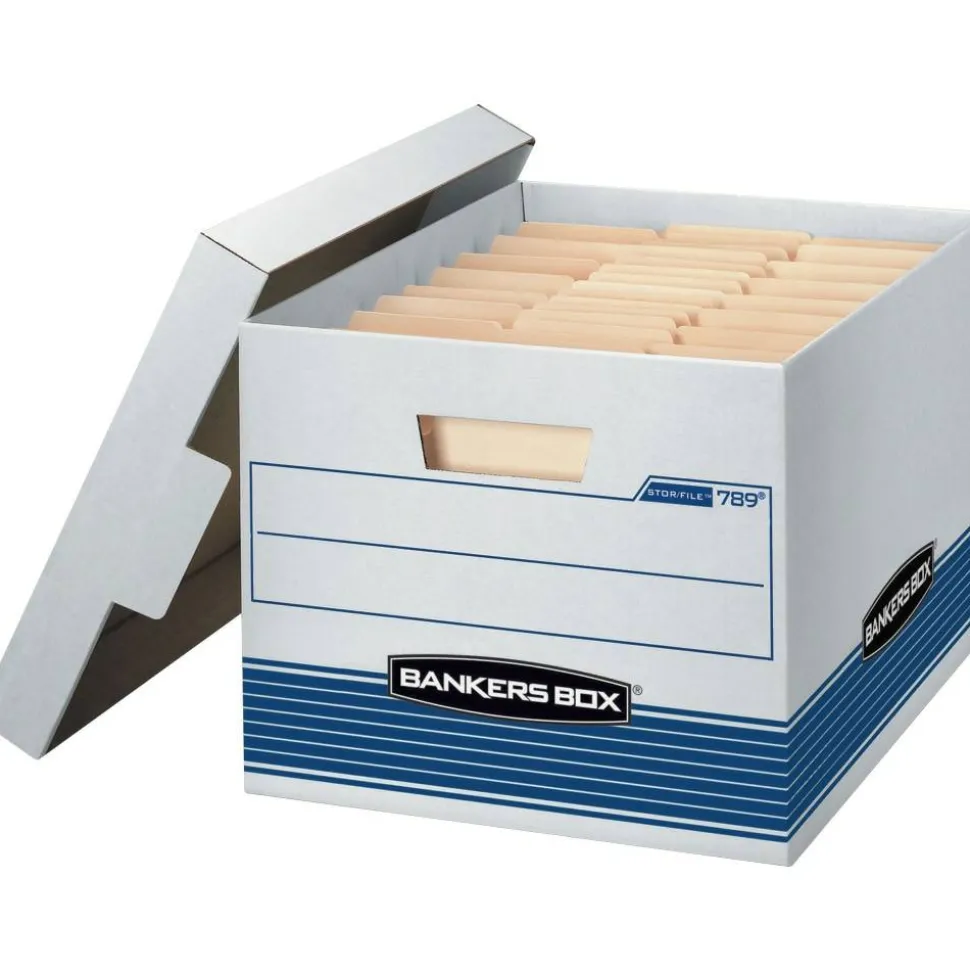 Bankers Box Stor/File Medium-Duty Storage Boxes, Letter/Legal Size, 15“ x 12" x 10", White/Blue, Case Of 4 - 78907