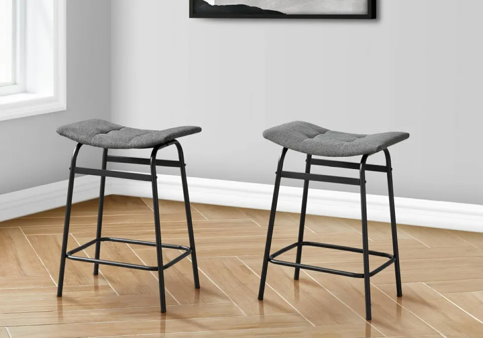 Barstool, Counter Height, Set Of 2, Kitchen, Grey Fabric, Black Metal, Contemporary, Modern