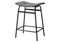 Barstool, Counter Height, Set Of 2, Kitchen, Grey Fabric, Black Metal, Contemporary, Modern
