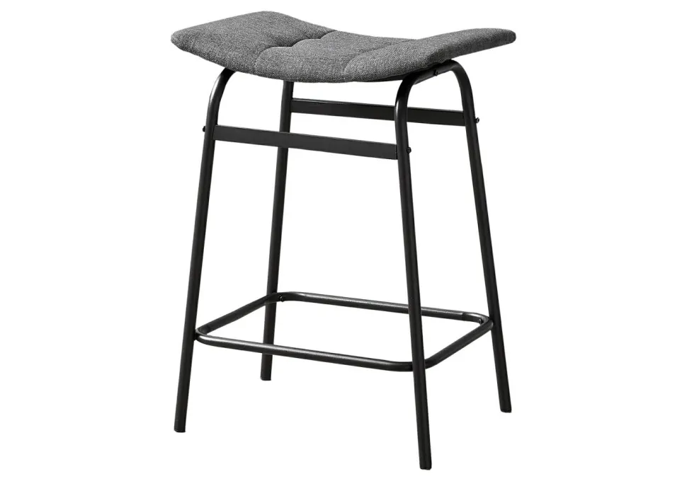 Barstool, Counter Height, Set Of 2, Kitchen, Grey Fabric, Black Metal, Contemporary, Modern