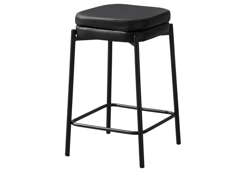 Barstool, Counter Height, Set Of 2, Kitchen, Black Leather Look, Black Metal, Contemporary, Modern