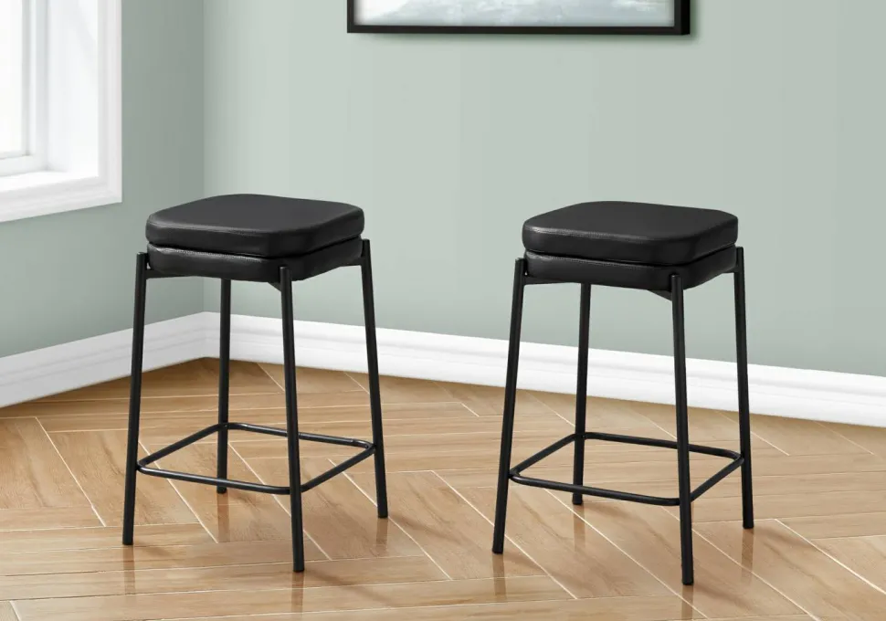 Barstool, Counter Height, Set Of 2, Kitchen, Black Leather Look, Black Metal, Contemporary, Modern