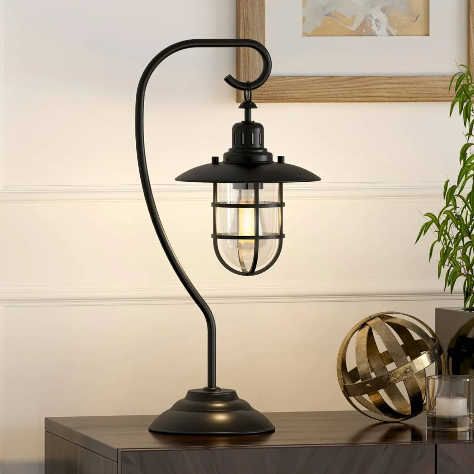 Bay 22" Tall Nautical Table Lamp with Glass/Metal Shade in Blackened Bronze/Clear