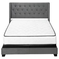 Bed, Queen Size, Bedroom, Frame, Upholstered, Grey Velvet, Chrome Trim, Transitional