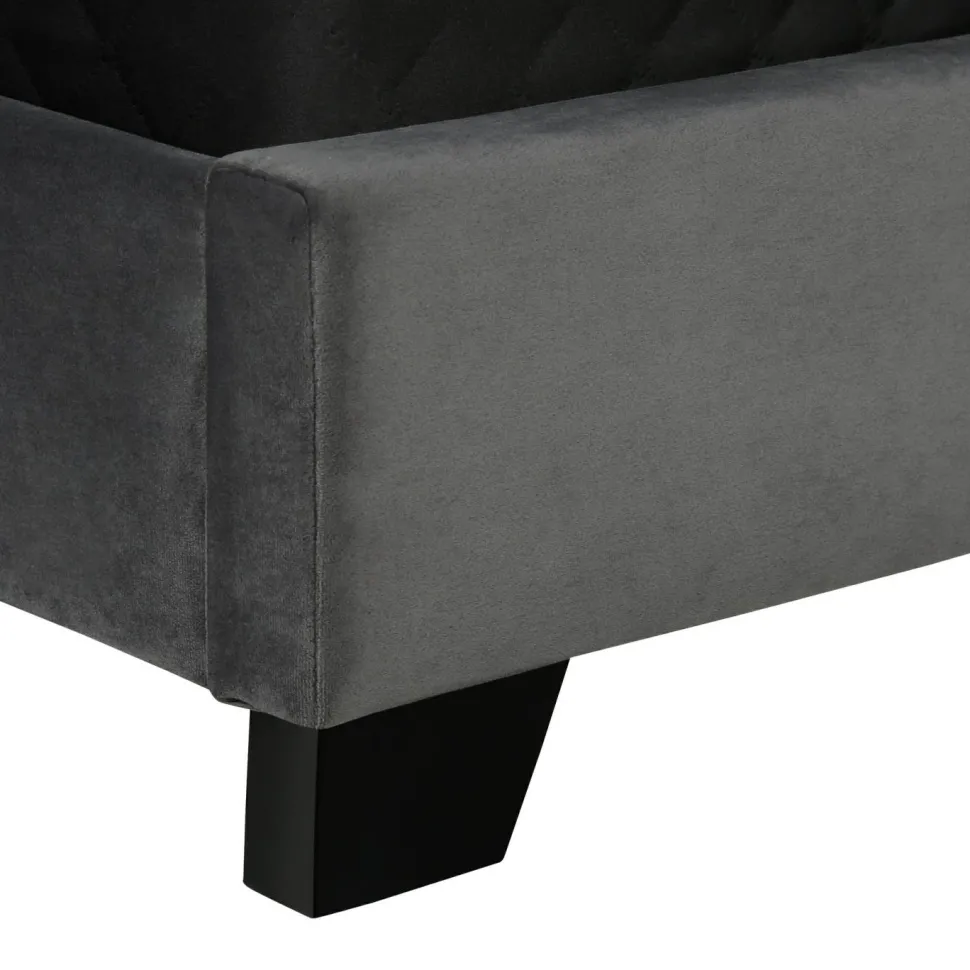 Bed, Queen Size, Bedroom, Frame, Upholstered, Grey Velvet, Chrome Trim, Transitional