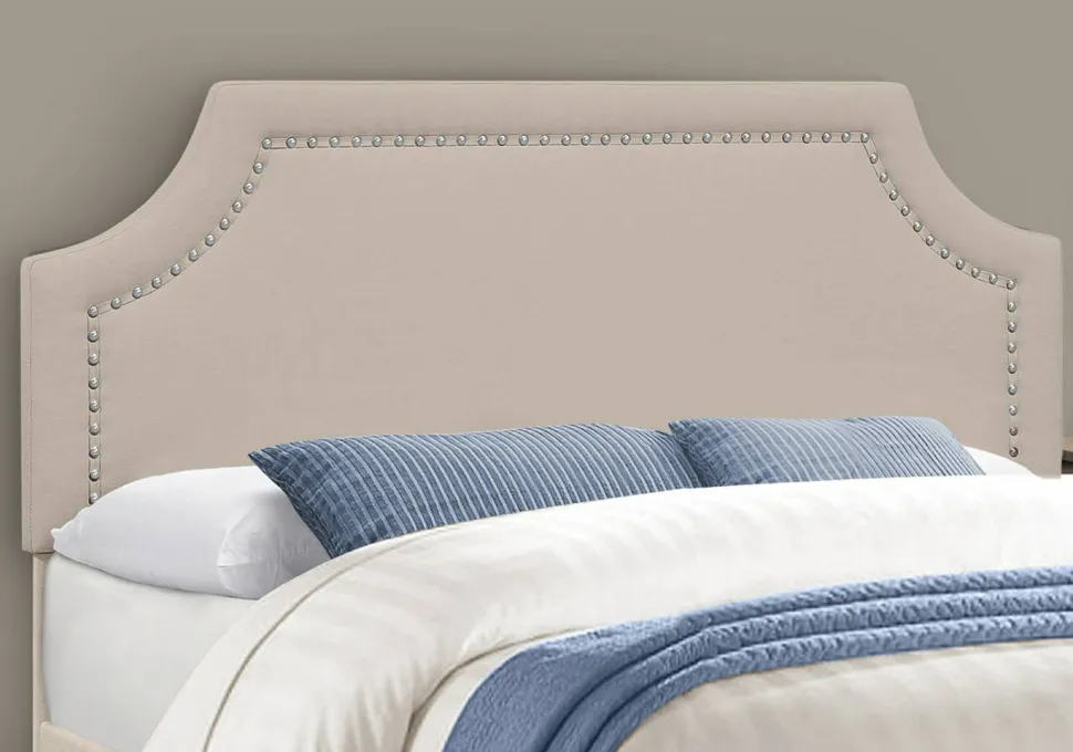 Bed, Queen Size, Bedroom, Frame, Upholstered, Beige Linen Look, Chrome Metal Legs, Transitional