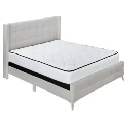 Bed, Queen Size, Bedroom, Frame, Upholstered, Beige Linen Look, Chrome Metal Legs, Transitional
