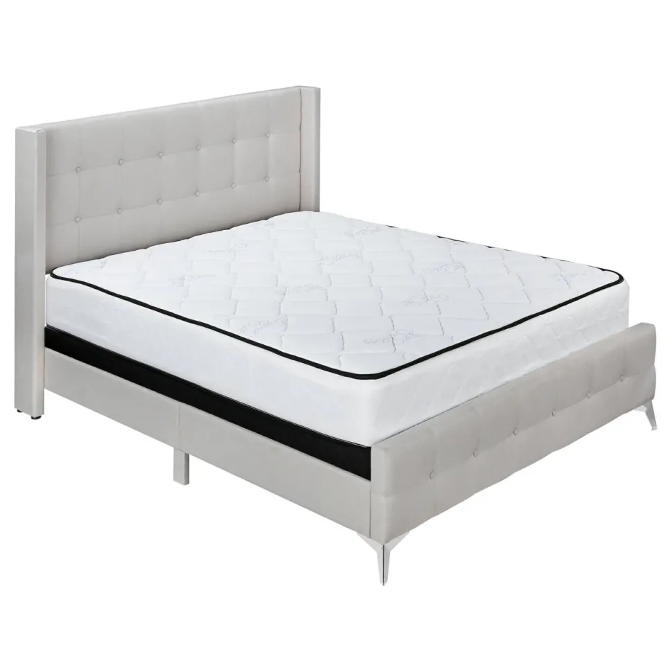 Bed, Queen Size, Bedroom, Frame, Upholstered, Beige Linen Look, Chrome Metal Legs, Transitional