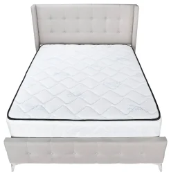Bed, Queen Size, Bedroom, Frame, Upholstered, Beige Linen Look, Chrome Metal Legs, Transitional