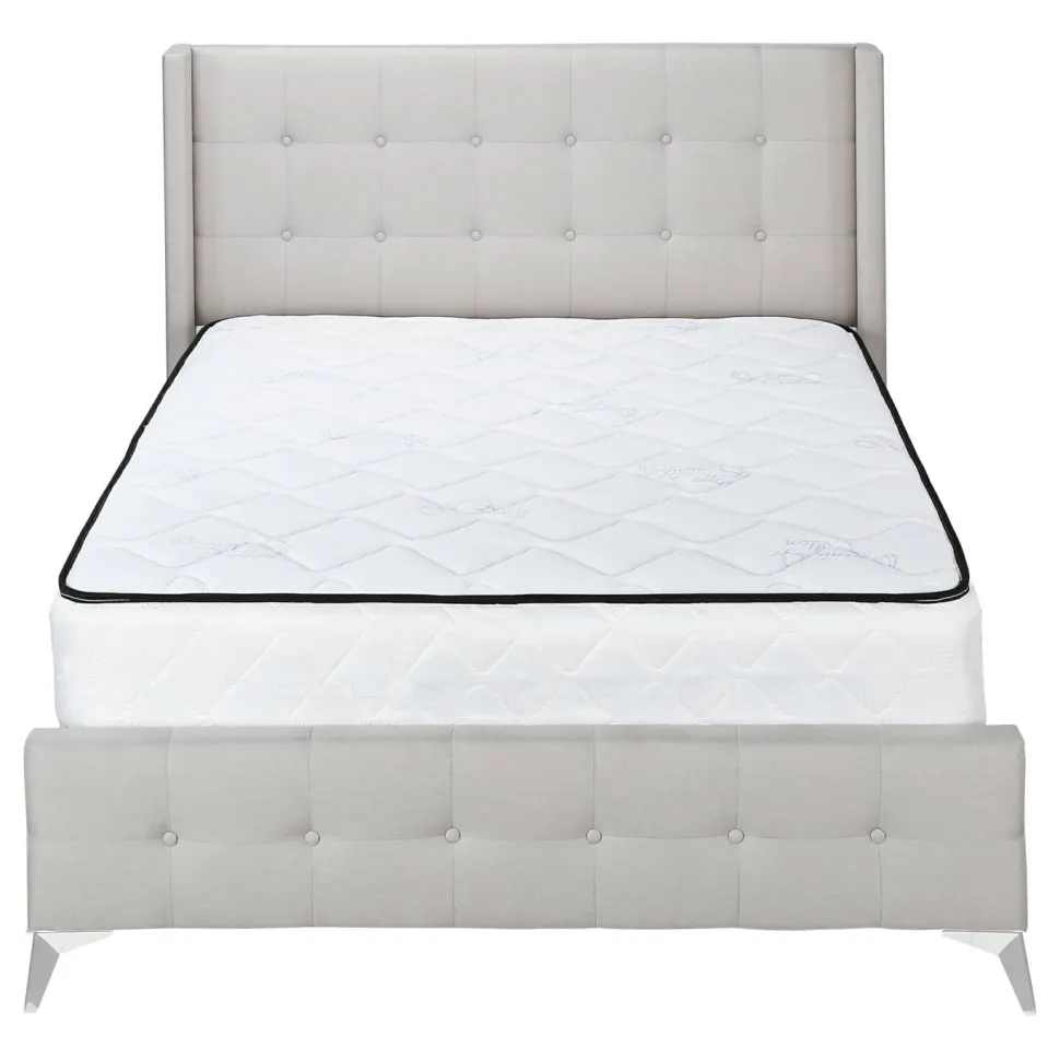Bed, Queen Size, Bedroom, Frame, Upholstered, Beige Linen Look, Chrome Metal Legs, Transitional