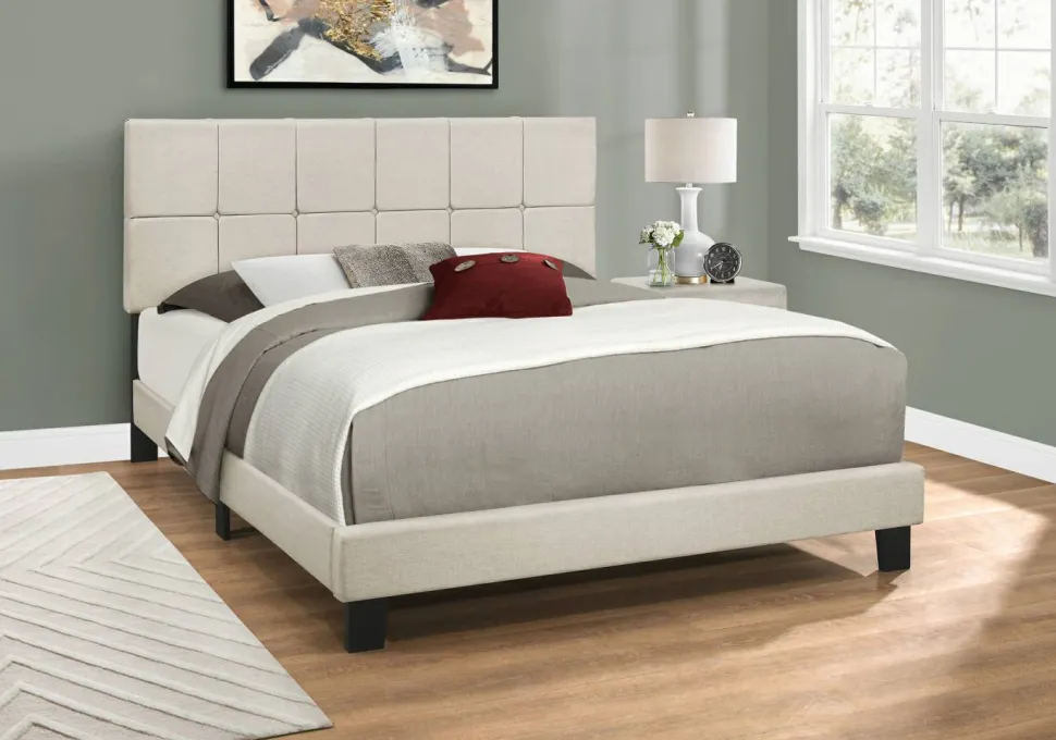 Bed, Queen Size, Bedroom, Frame, Upholstered, Beige Linen Look, Black Wood Legs, Transitional