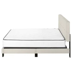 Bed, Queen Size, Bedroom, Frame, Upholstered, Beige Linen Look, Black Wood Legs, Transitional