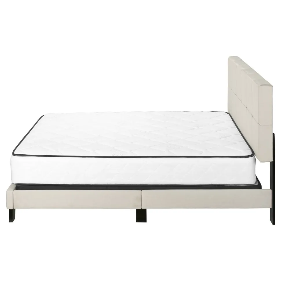 Bed, Queen Size, Bedroom, Frame, Upholstered, Beige Linen Look, Black Wood Legs, Transitional