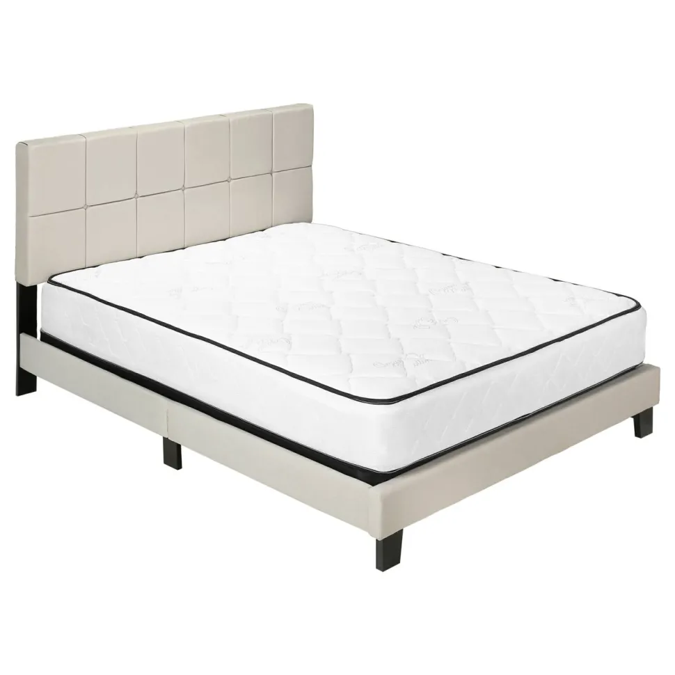 Bed, Queen Size, Bedroom, Frame, Upholstered, Beige Linen Look, Black Wood Legs, Transitional